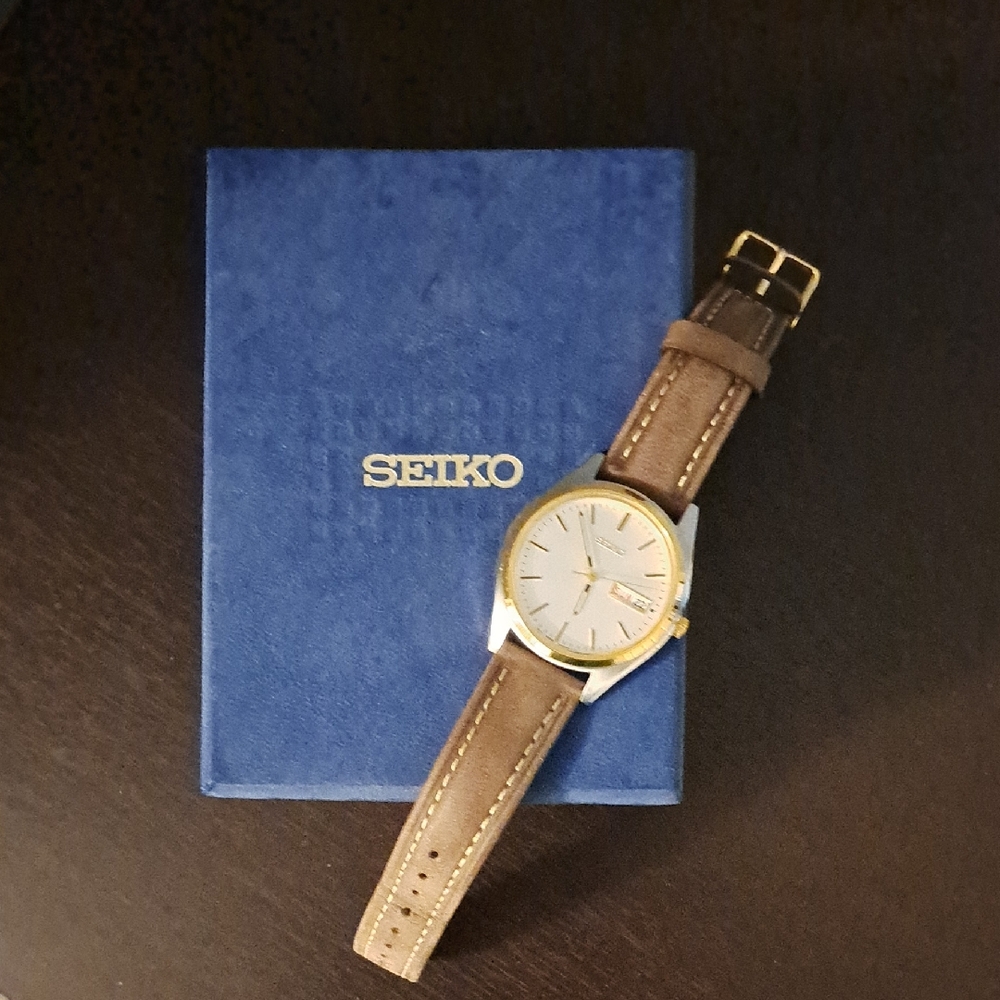 Seiko Gold-Tone Case Watch with Brown Leather Strap and Silver Dial